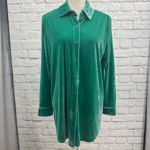 Soft Surroundings Green Velvet Boyfriend Tunic Shirt M Relaxed Fit Long Sleeves